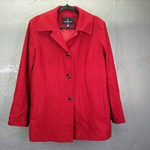 London Fog Pea Coat Womens XL Wool Blend Mid Cranberry Red Single Breasted Lined